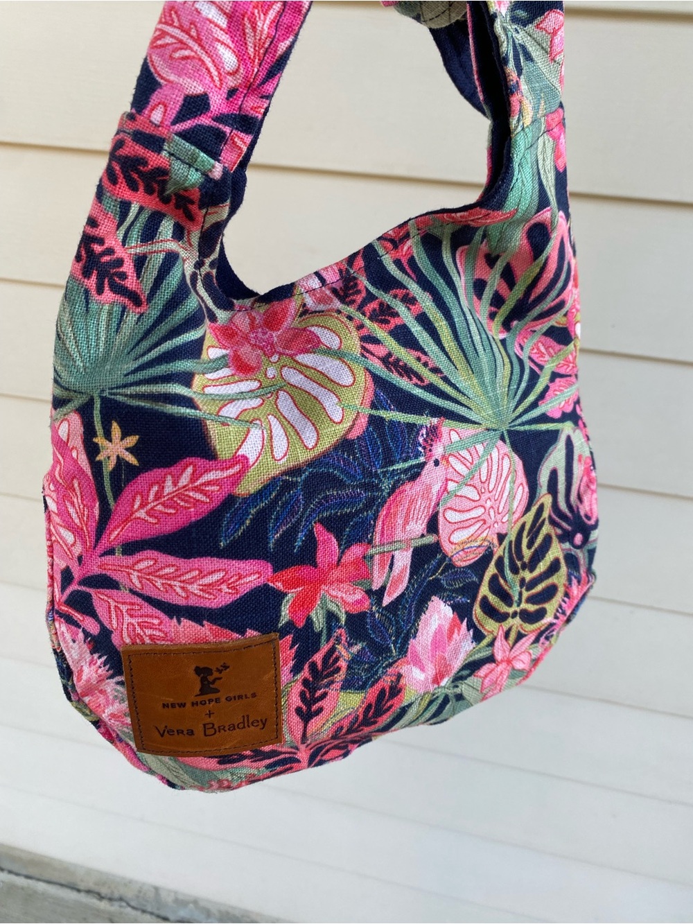 Vera Bradley Navy Tote with Pink & Green Tropical Print